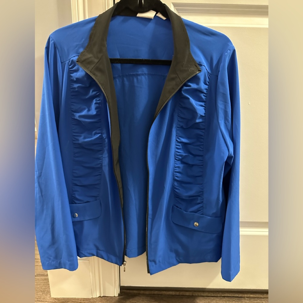 Weekends By Chicos Royal Blue Zip Lightweight Jacket with ruched side panels.